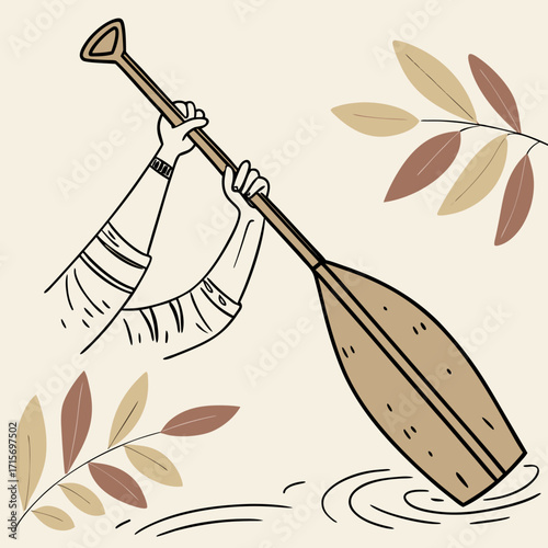 Vector art of paddlers hands holding a paddle in water with leaves in the background