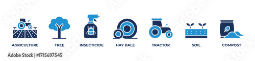 Modern Farming Solutions Icons set vector illustration blue with Agriculture, Tree, Insecticide, Hay bale, Tractor, Soil, Compost