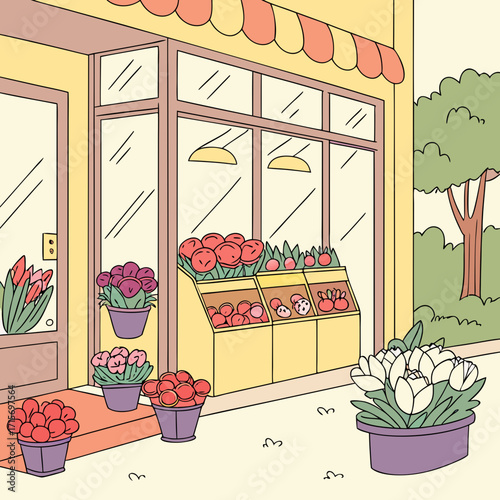 Vector art of quaint flower shop exterior with vibrant tulips and charming storefront display