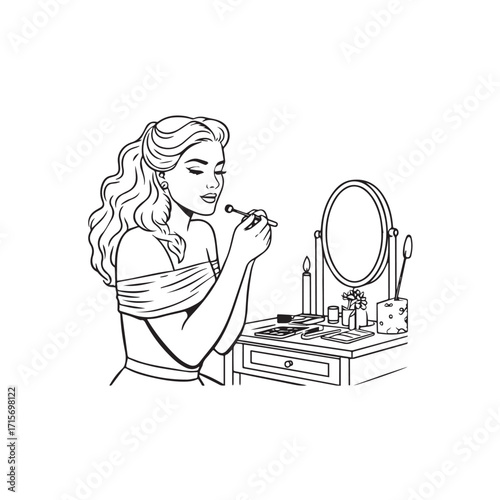 Black and white line art of a beautiful woman doing makeup at dressing table with mirror illustration