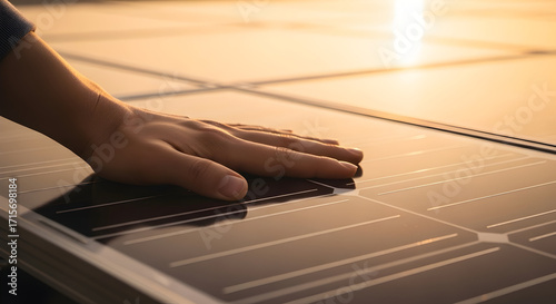 Gentle hand touches solar panel at sunset, embracing clean energy future