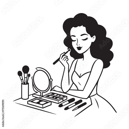 Black and white line art of a beautiful woman doing makeup at dressing table with mirror illustration