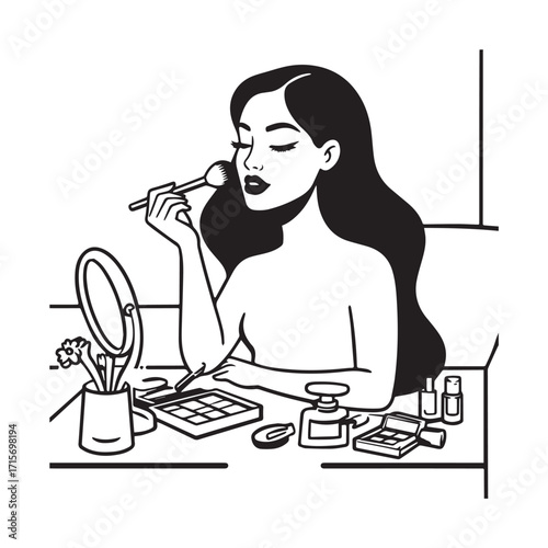 Black and white line art of a beautiful woman doing makeup at dressing table with mirror illustration