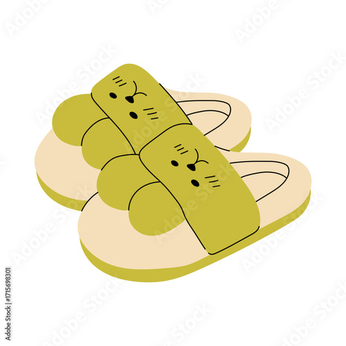 Cute slippers set. Home slipper for kids, isolated footwear collection. Warming house accessories, adult shoes racy vector clipart. Stylish modern design of shoes for women and children.