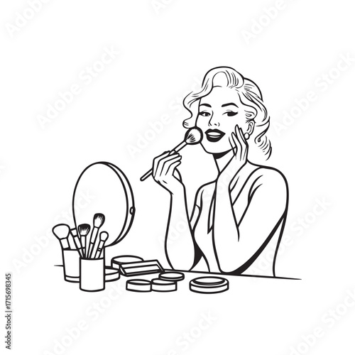 Black and white line art of a beautiful woman doing makeup at dressing table with mirror illustration