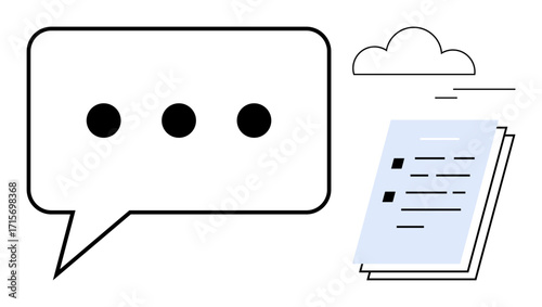 Speech bubble with ellipses and stack of documents under a floating cloud. Ideal for communication, messaging, content sharing, teamwork, cloud storage, collaboration, simple flat metaphor