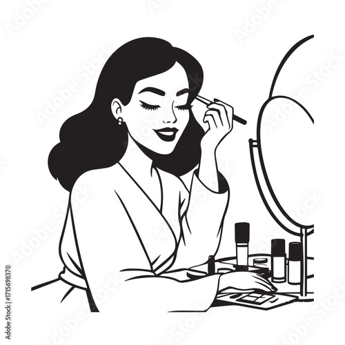 Black and white line art of a beautiful woman doing makeup at dressing table with mirror illustration
