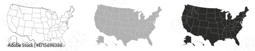 Vector illustration of United States map with state borders in three styles: outline, filled, and silhouette. Editable flat design suitable for geography, infographic, education, travel.