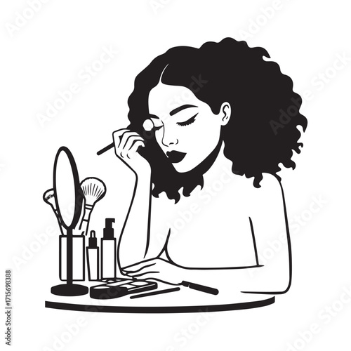 Black and white line art of a beautiful woman doing makeup at dressing table with mirror illustration