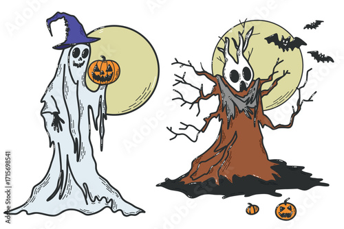 Halloween Ghosts With Pumpkins Under Full Moon By Creepy Tree And Bats. Spooky Halloween scene featuring friendly ghost, a gnarled tree, glowing jack-o-lanterns, and a full moon with bats. Ideal 
