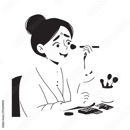 Black and white line art of a beautiful woman doing makeup at dressing table with mirror illustration