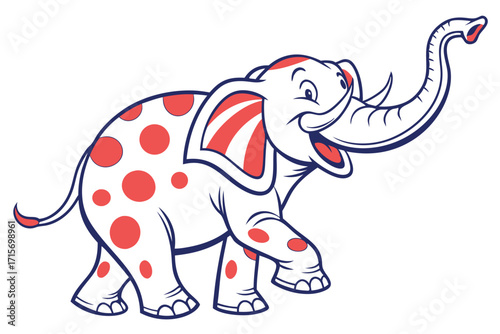 Cartoon Elephant with Red Spots, Striped Ears, and Raised Trunk on White Background