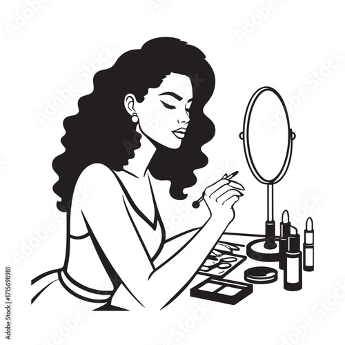 Black and white line art of a beautiful woman doing makeup at dressing table with mirror illustration