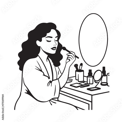 Black and white line art of a beautiful woman doing makeup at dressing table with mirror illustration