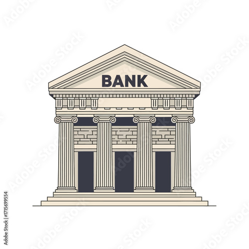 Minimalist vector design of a classical bank building with Greek-style columns, triangular roof, and bold BANK lettering, isolated on white background