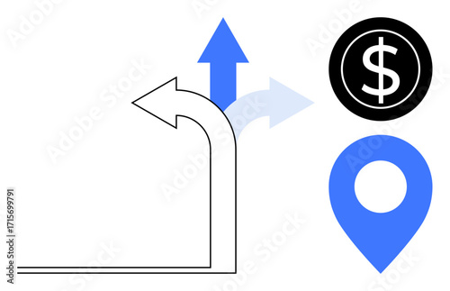 Arrows pointing in three directions, a dollar sign in a black circle, and a blue location marker. Ideal for finance, navigation, strategy, choice, planning, entrepreneurship simple flat metaphor
