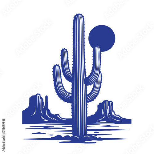 Silhouette illustration of a majestic saguaro cactus in a desert landscape under the sun