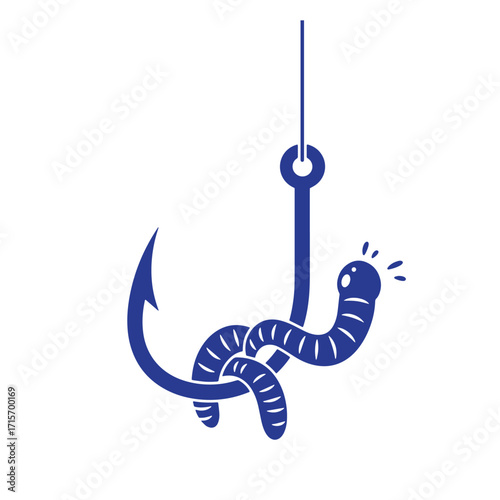 Simple blue fishing hook with worm isolated on white background vector illustration