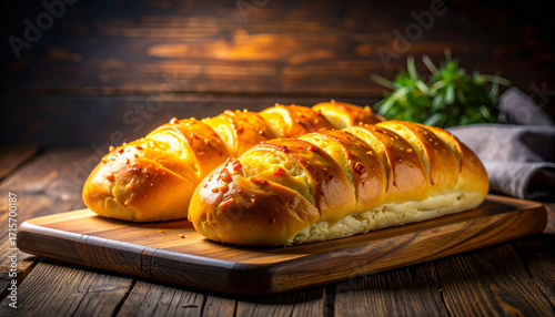 Garlic bread loaf on wooden board with rustic background