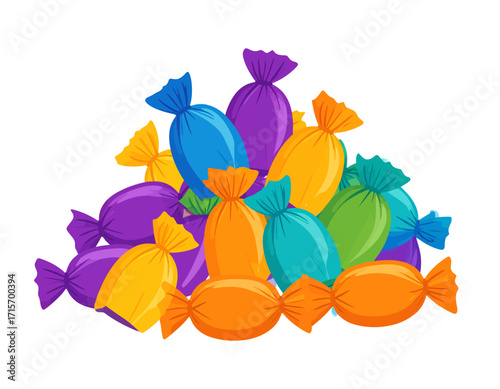 Colorful wrapped candies piled high, various vibrant colors isolated on transparent background. Halloween themed vector.