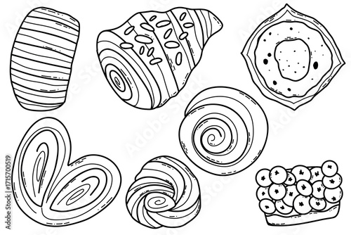Whimsical Black and White Bakery Pastry Sketches: Croissant, Cinnamon Roll, Bagel, Donut and More. A collection of hand-drawn bakery pastries in bold line art style. Includes croissant, cinnamon roll