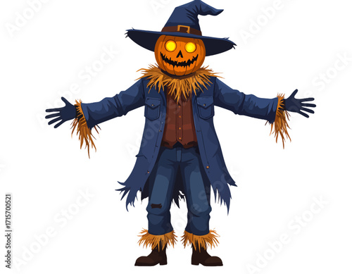 A friendly scarecrow with a glowing pumpkin head, wearing a witch's hat and denim clothing, stands with open arms isolated on transparent background. Halloween themed vector.