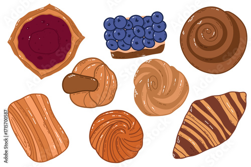 Assorted Pastries and Desserts Including Berry Tart, Croissant, Cinnamon Roll, and Danish Pastry. A colorful collection of bakery treats featuring berry tart, blueberry pastries, croissants, cinnamon 