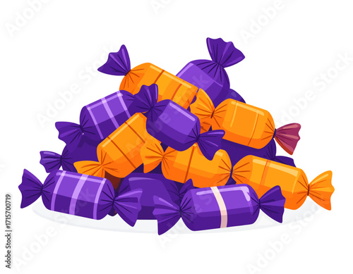 A colorful pile of wrapped candies, featuring orange and purple sweets, isolated on transparent background. Halloween themed vector.