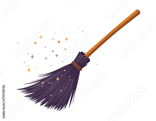 A witch's broom in flight, casting sparkling dust isolated on transparent background. Halloween themed vector.