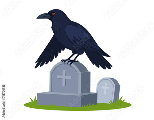 A black crow perched atop a weathered gravestone isolated on transparent background, symbolizing death and mourning. Halloween themed vector.