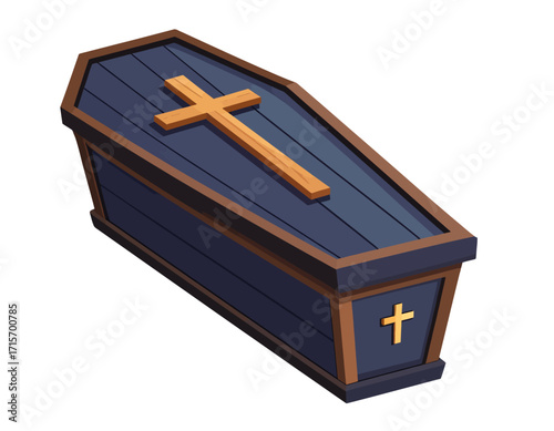 A dark blue wooden coffin, adorned with golden crosses, isolated on transparent background. Halloween themed vector.