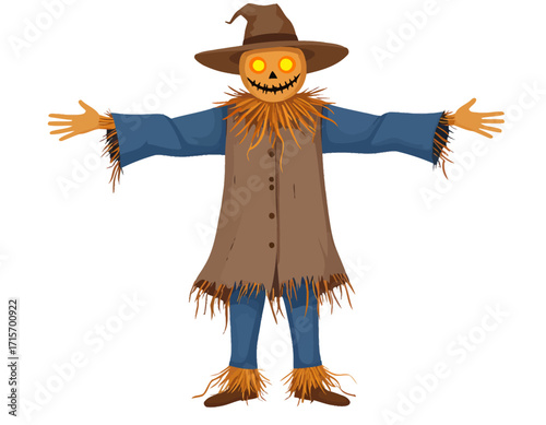A cartoon scarecrow, dressed in a brown coat and blue pants, with straw detailing and glowing eyes, stands with arms outstretched isolated on transparent background. Halloween themed vector.