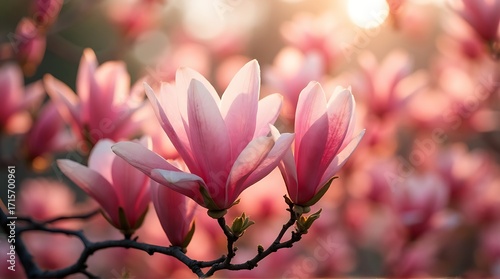 Magnolia Flowers Blooming with Soft Sunset Light and Bokeh Background