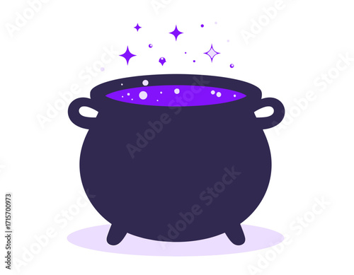 A dark purple cauldron bubbles with a vibrant potion, shimmering stars rising from its surface isolated on transparent background. Halloween themed vector.