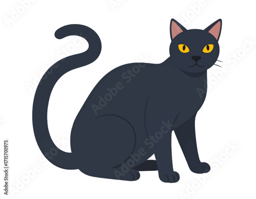 A sleek black cat sits, tail curled, gazing directly ahead with bright yellow eyes isolated on transparent background. Halloween themed vector.