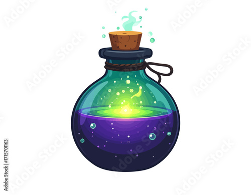 A potion bottle with a cork stopper, containing a glowing green and purple liquid with bubbles and magical smoke isolated on transparent background. Halloween themed vector.