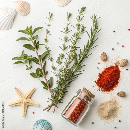 spices and herbs on white