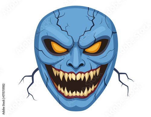 A blue, cracked monster face with sharp teeth and menacing yellow eyes is isolated on transparent background. Halloween themed vector.