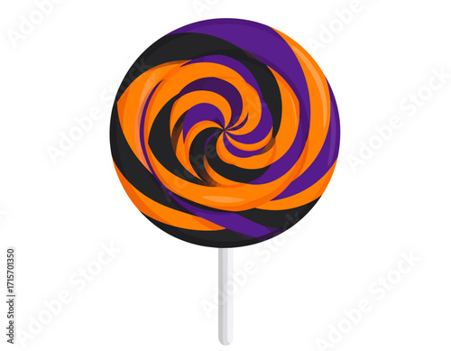 A vibrant orange and black swirl lollipop with a purple accent, on a white stick isolated on transparent background. Halloween themed vector.