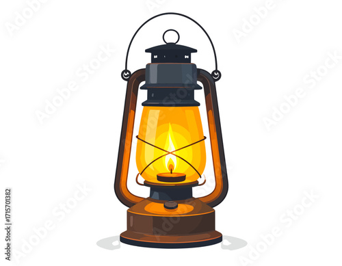 A vintage oil lantern with a bright flame, casting a warm glow, isolated on transparent background. Halloween themed vector.