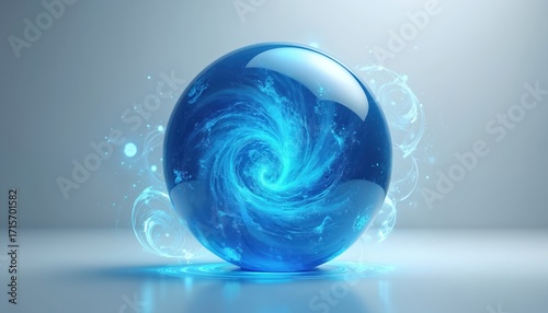 Glowing blue magic orb featuring swirling patterns floats on plain white background. Mystical sphere exhibits bright, ethereal, mysterious aura with light effects, suggesting enchantment, adventure.