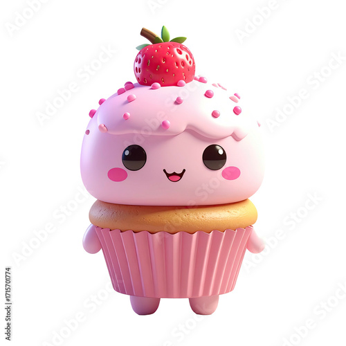 Cute pink cupcake character with a strawberry, happy expression