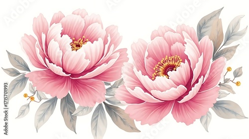 Two Elegant Pink Peony Flowers with Grey Leaves on White Background