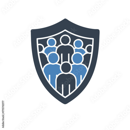 Depicting a robust shield encompassing a diverse group of people, this icon powerfully conveys themes of social protection, security, and community solidarity.