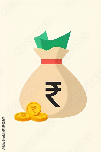** Indian Rupee Money Bag and Coins