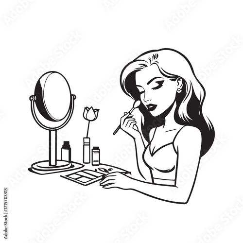 Black and white line art of a beautiful woman doing makeup at dressing table with mirror illustration