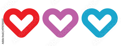 Flat Heart Icons in Red, Pink, and Blue