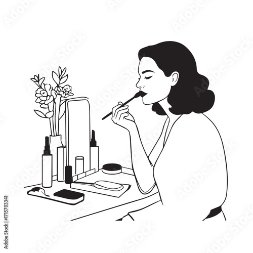 Black and white line art of a beautiful woman doing makeup at dressing table with mirror illustration