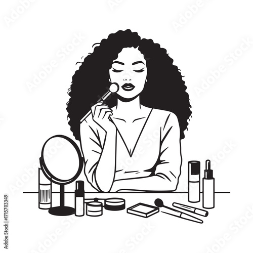 Black and white line art of a beautiful woman doing makeup at dressing table with mirror illustration