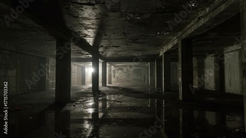 Dark, damp, and derelict underground space with pillars and standing water.